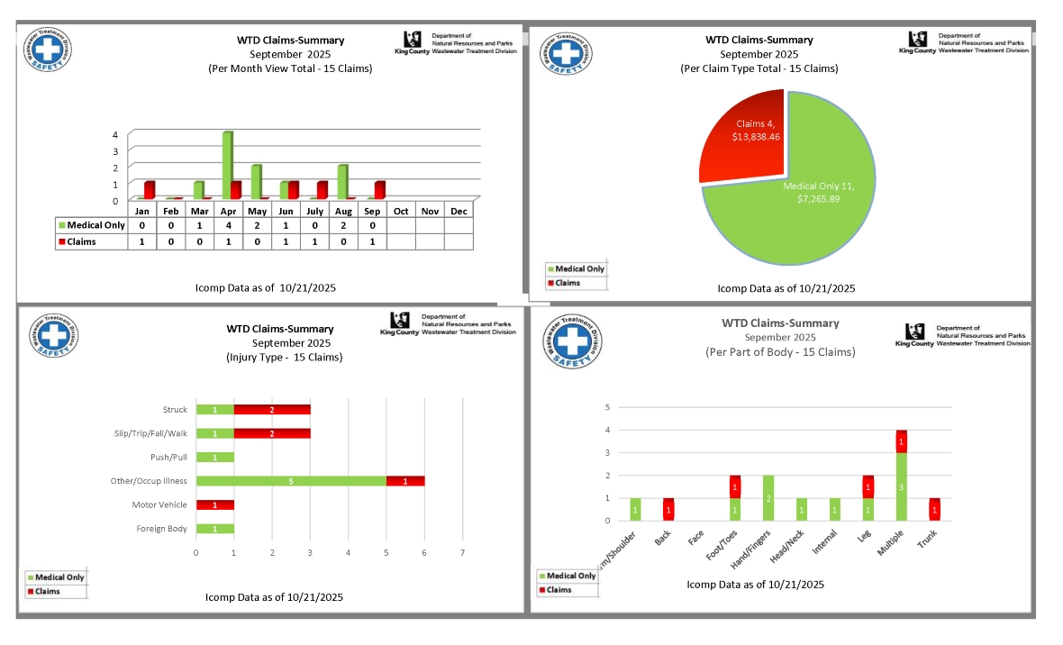 Employee accident and job injury claim experience (for current month and year to date) for the Wastewater Treatment Division (page 1 of 2)