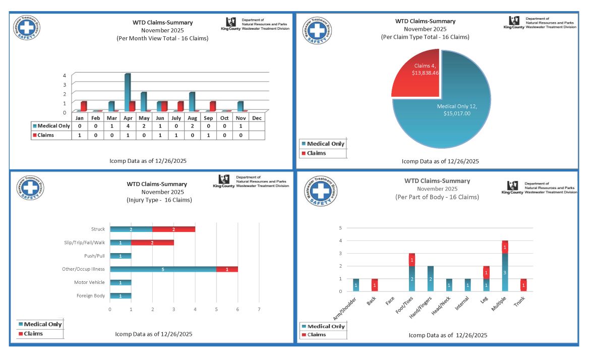 Employee accident and job injury claim experience (for current month and year to date) for the Wastewater Treatment Division (page 1 of 2)