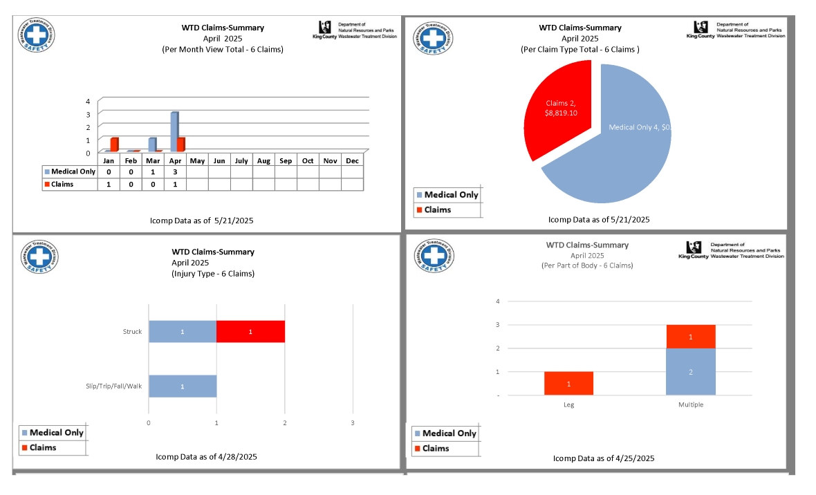 Employee accident and job injury claim experience (for current month and year to date) for the Wastewater Treatment Division (page 1 of 2)