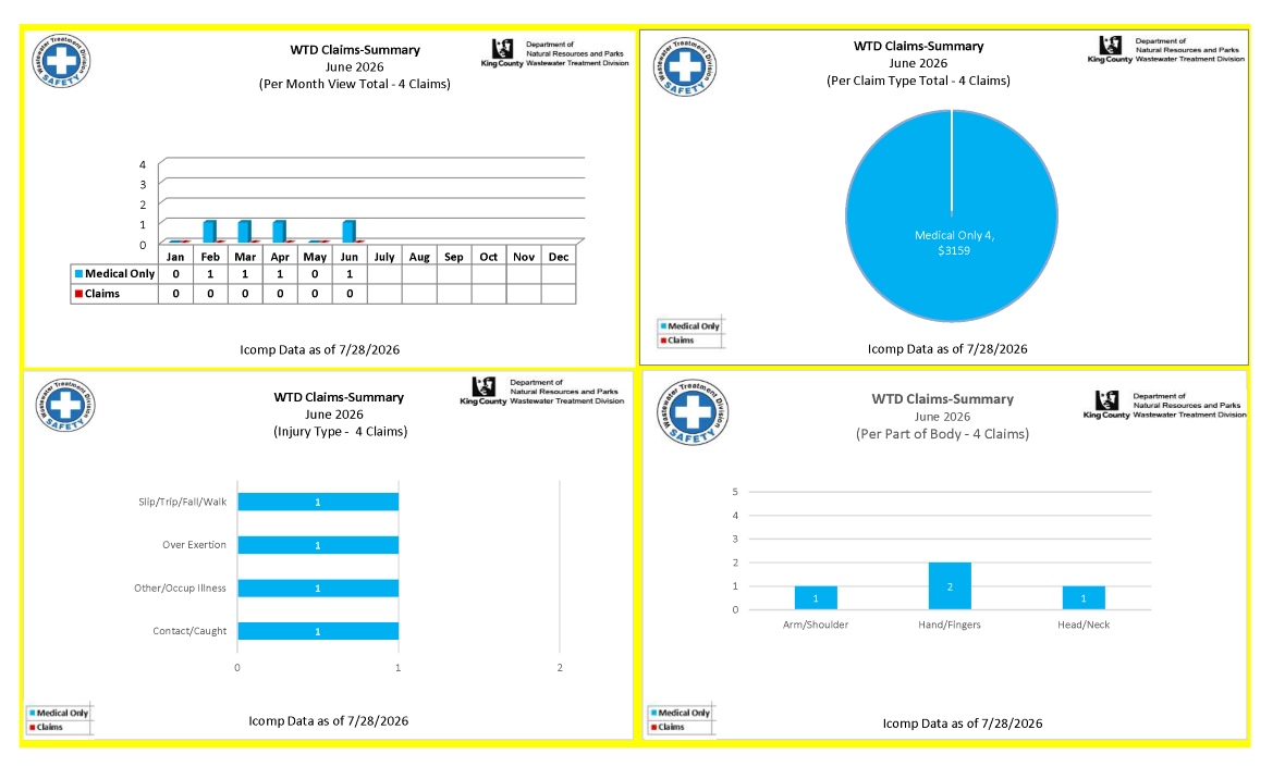 Employee accident and job injury claim experience (for current month and year to date) for the Wastewater Treatment Division (page 1 of 3)