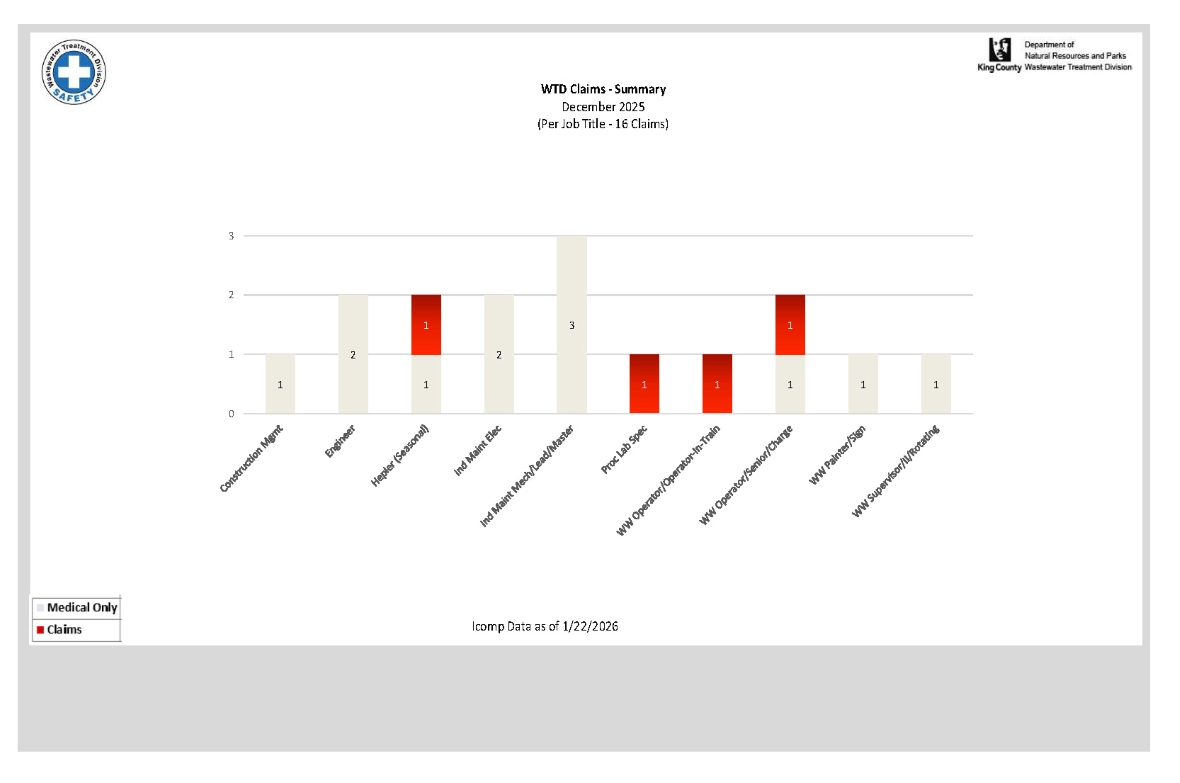 Employee accident and job injury claim experience (for current month and year to date) for the Wastewater Treatment Division (page 3 of 3)