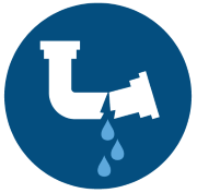 An icon shows a broken pipe with water droplets leaking from the crack inside a blue circle.
