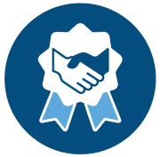 An icon of a handshake on an award ribbon, representing community engagement.