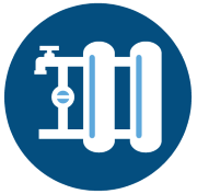 An icon of a water treatment or filtration system with pipes and a control valve.
