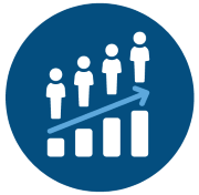 An icon of people moving upward on a rising chart, representing growth and progress.