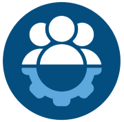 An icon of a group of people above a gear, representing teamwork and collaboration.