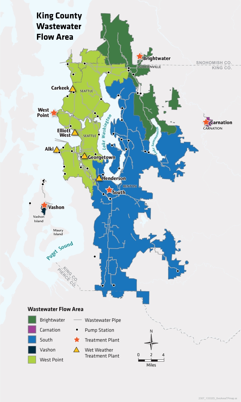 King County Wastewater Flow Area. Displays wastewater service areas for the five treatment plants: Brightwater, Carnation, South, Vashon and West Point. 
