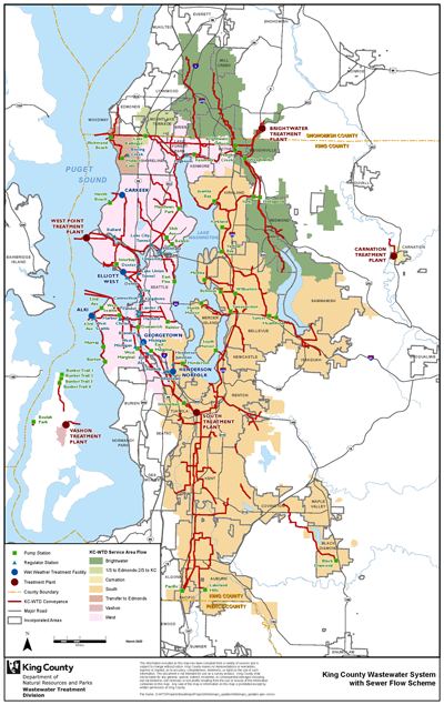 King County Wastewater System map displaying sewer flow schemes. 