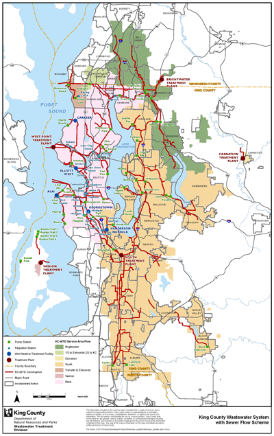 King County Wastewater System map displaying sewer flow schemes.