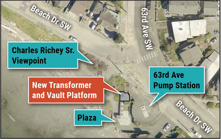 Aerial view map displaying the location of the new transformer, next to 63rd Avenue Pump Station.