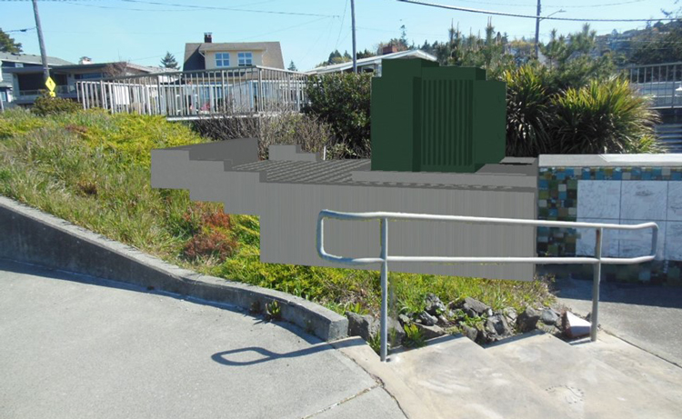 Conceptual view of transformer and vault platform next to 63rd Avenue Pump Station. 