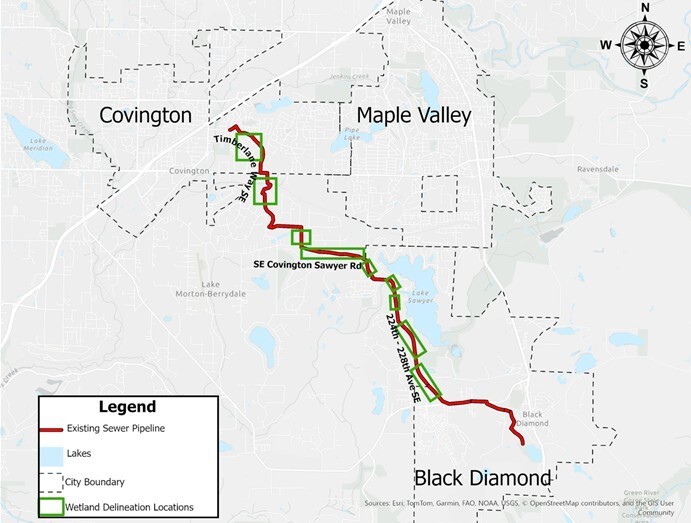 Wetland sampling locations along the existing sewer pipe northwest of Black Diamond. 