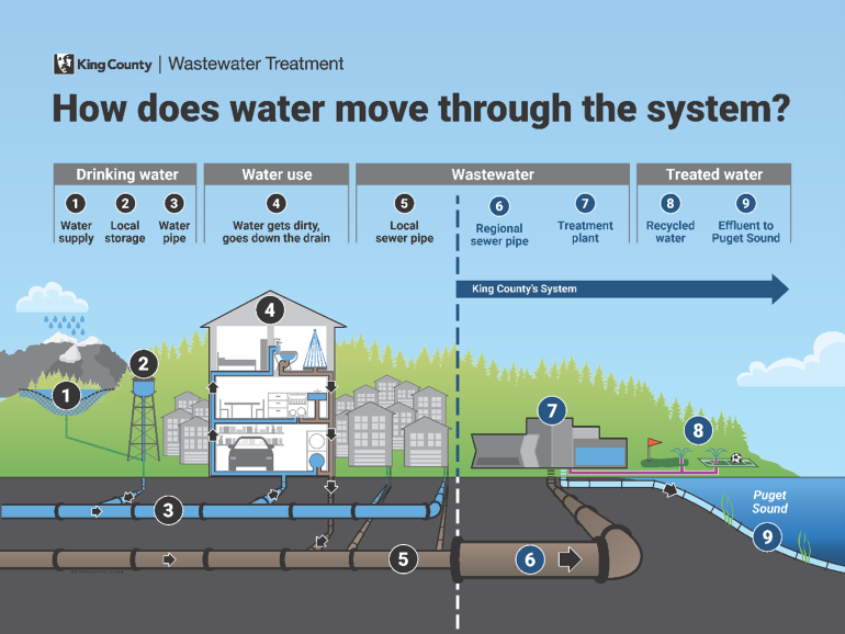 Clean water (blue pipes) flows from aquifers to homes or businesses. Dirty water (light brown pipes) leaves and goes to treatment plants. After treatment, the treated water can be reused or safely released (light blue pipes).