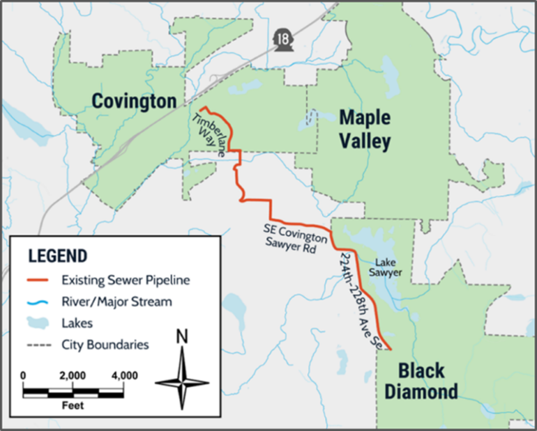 The sewer pipe starts in Black Diamond. It runs north under 224th Avenue Southeast, 228th Avenue Southeast, Southeast Covington‑Sawyer Road, streets in the Winterwood Estates neighborhood, and Timberlane Way Southeast. It ends on Timberlane Boulevard Southeast in Covington.