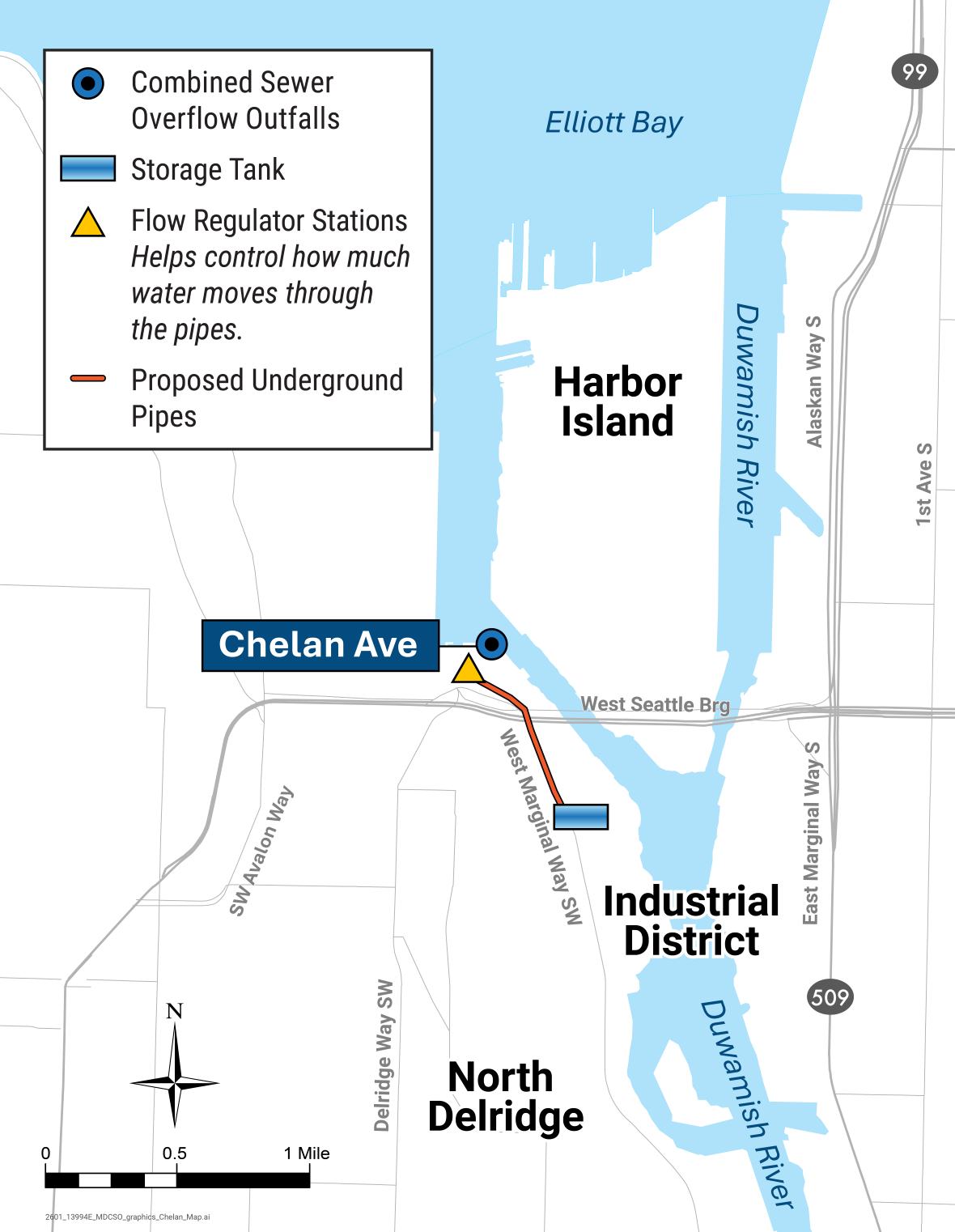 Map showing the Chelan Wet Weather Storage project area. The upgrades include new pipes, new support building and a storage tank. The project helps prevent polluted water from entering the Duwamish River during storms. 
