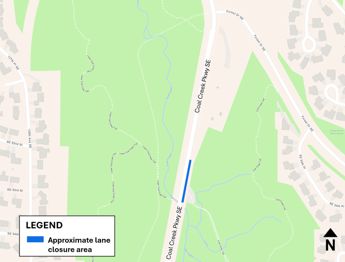 Approximate lane closure area along the Coal Creek Parkway SE