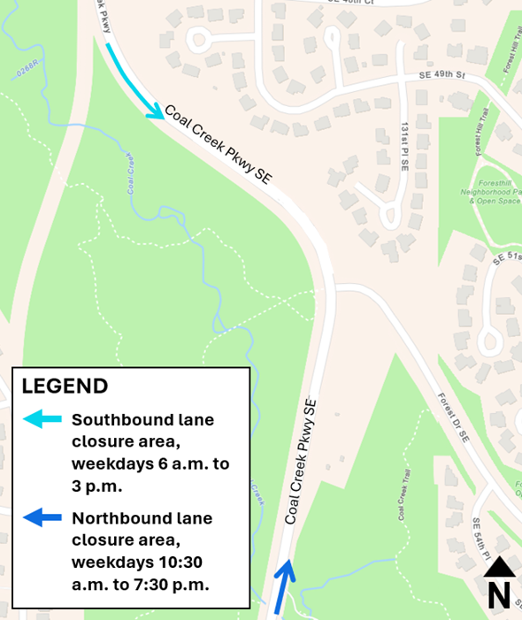 Southbound and Northbound lane closures along Coal Creek Parkway SW