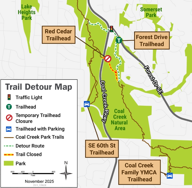 Trail detour map displaying temporary closure at the Red Cedar Trailhead