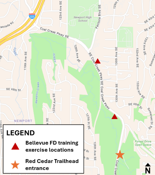 Map of the Coal Creek area in Bellevue showing two Bellevue Fire Department training exercise locations along Coal Creek Parkway SE and the Red Cedar Trailhead entrance.