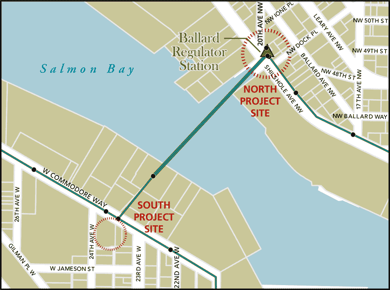 Map of the project site next to Salmon Bay. The north project site is located next to the Ballard Regulator Station; the south project site is located next to West Commodore Way and 24 Ave West. 