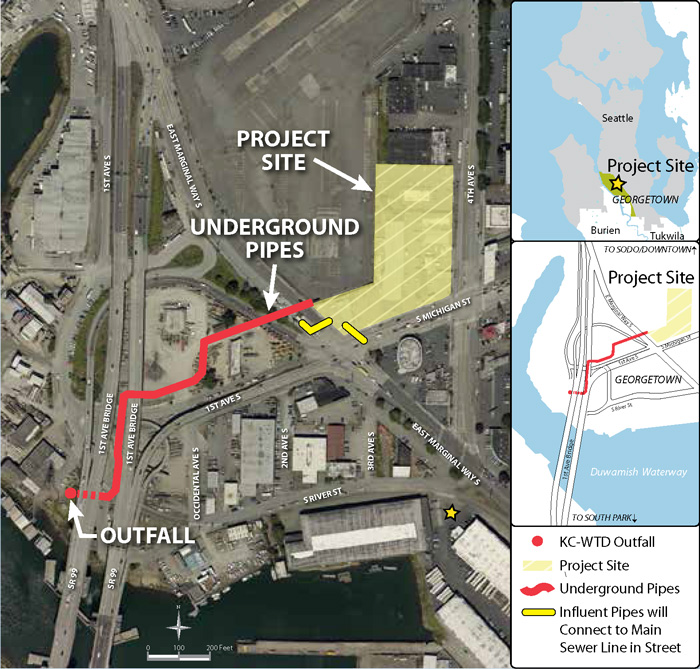 map displaying project elements: wet weather treatment station site, conveyance lines and the outfall