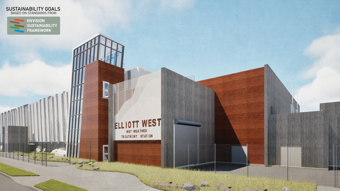 Architectural rendering of the Elliott West Wet Weather Treatment Station featuring modern industrial design with tall glass and concrete structures, rust-colored paneling, landscaped walkways, and sustainability goals branding in the upper left corner.