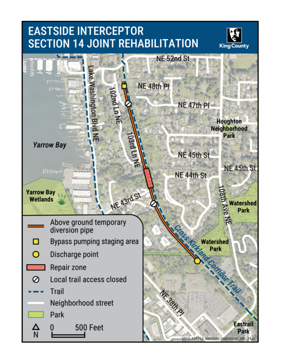 map displaying the Cross Kirkland Corridor Trail and the location of the project repair zone. 
