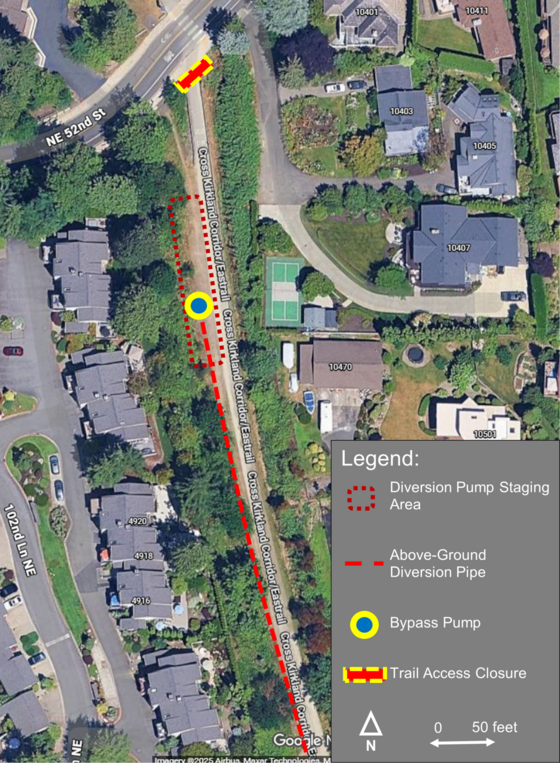 Location of diversion pump staging area along the Cross Kirkland Corridor/East trail, just south of NE 52nd St