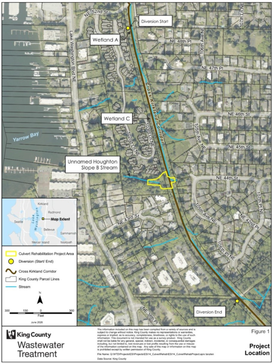 Aerial photo displaying the Cross Kirkland Corridor, the above-ground pipe along west side of the trail with two metal plates with fencing at either end of the pipe, two trail access points from cross streets and two western access points that are blocked by the above ground pipe.