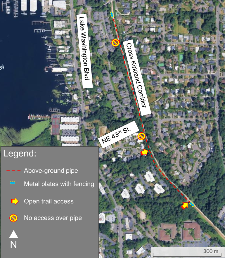 Aerial photo displaying the Cross Kirkland Corridor, the above-ground pipe along west side of the trail with two metal plates with fencing at either end of the pipe, two trail access points from cross streets and two western access points that are blocked by the above ground pipe.