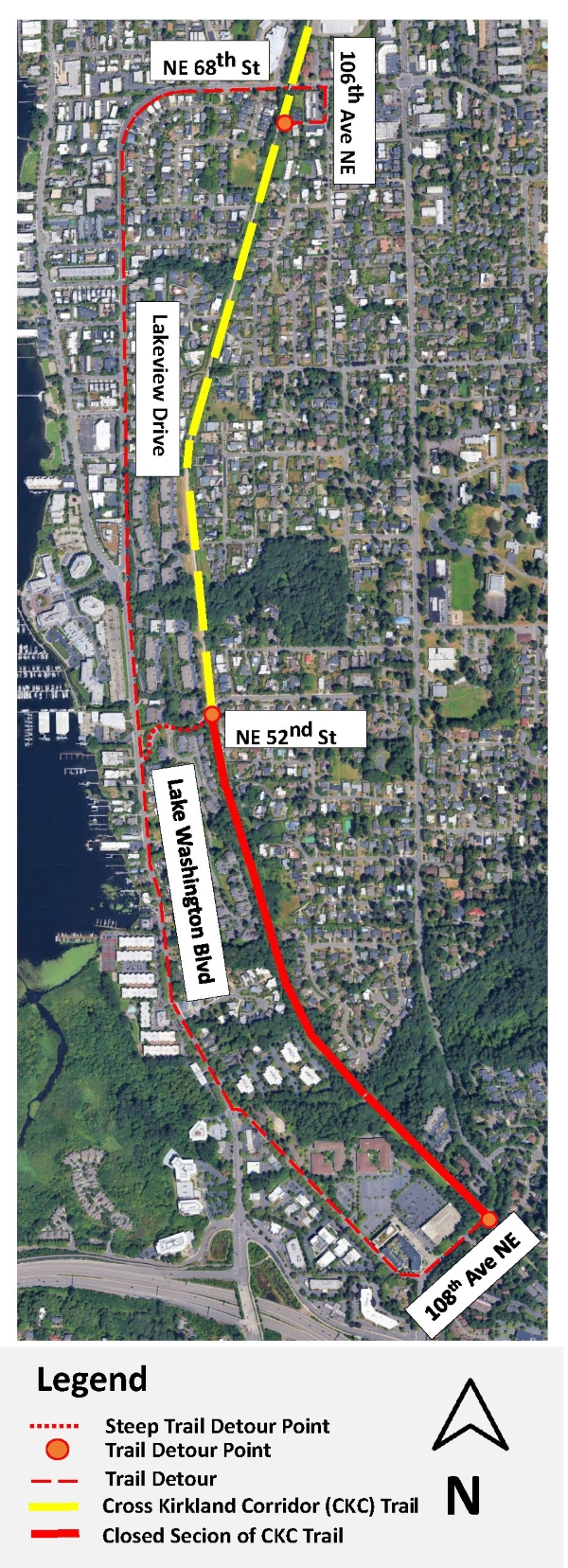 Cross Kirkland Corridor trail displaying the closed section between 108th Ave NE and NE 52nd St, and the trail detour.