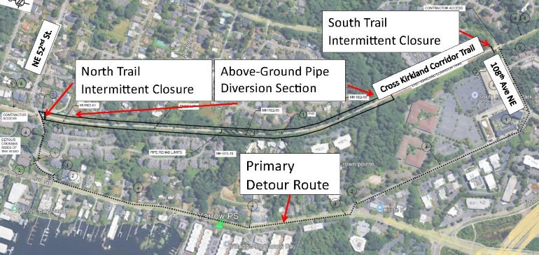 Project area map displaying the closure area of the Cross Kirkland Corridor Trail and the detour route.
