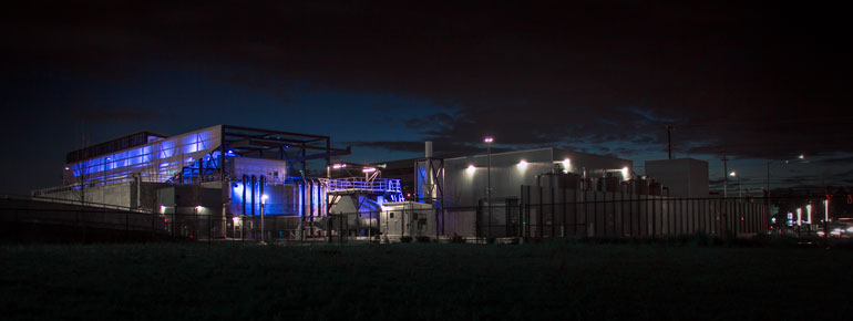 The “Theater of a Storm” by Blanca Lighting lights up the facility as wastewater moves through the treatment process to get cleaned