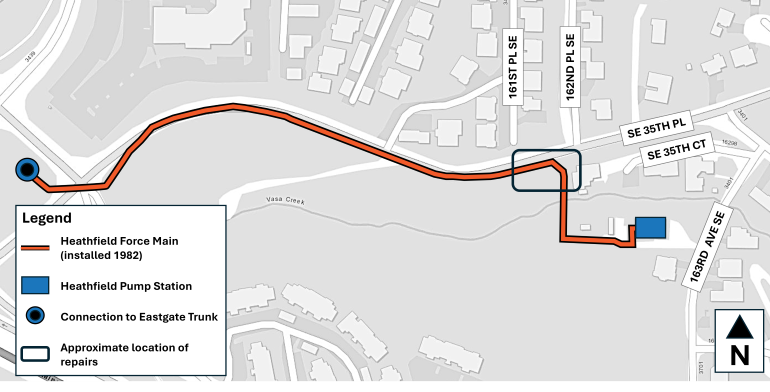 Aerial Map of the Heathfield force main located in Bellevue between King County’s Heathfield Pump Station and East Gate Trunk.