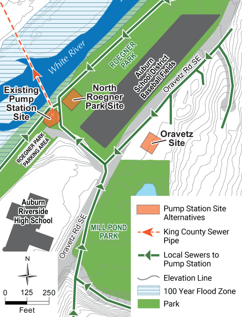 Site map displaying three three proposed site alternatives: 1. existing pump station, 2. north of the existing pump station, and 3. across Oravetz Road, adjacent to Mill Pond Park