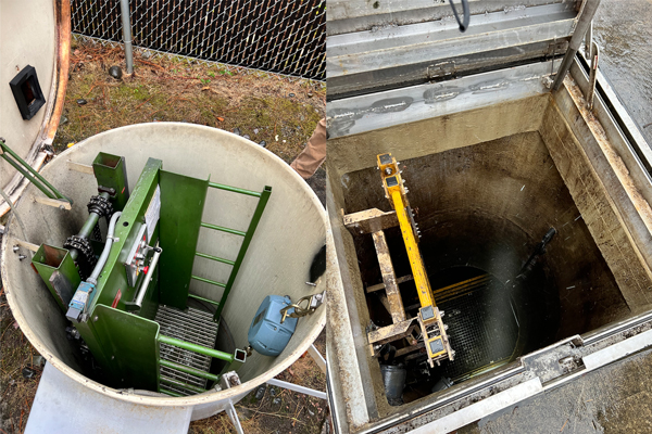 The underground station is accessed by two hatches. The open hatch on the left includes a elevator lift to provide access to the room below. The open hatch on the right includes a ladder to the "wet well" below where sewage enters the station. 