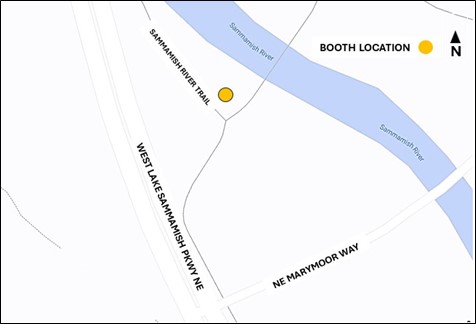 The Bike Everywhere booth is located along the Sammamish River Trail near the entrance to Marymoor Park, west of the Sammamish River. 