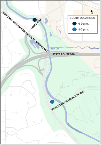 Map displaying the booth location from 6-9am (along the trail near Dudley Carter Park) and 4-7pm (along the trail near the entrance to Marymoor Park).