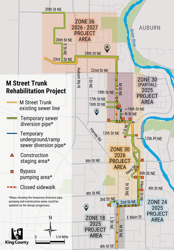 Project area displaying 5 zones (work areas) and timeframe: Zone 36 (2026-2027), Zone 30 (2025), Zone 30 (2026), Zone 24 (2025) and Zone 18 (2025)