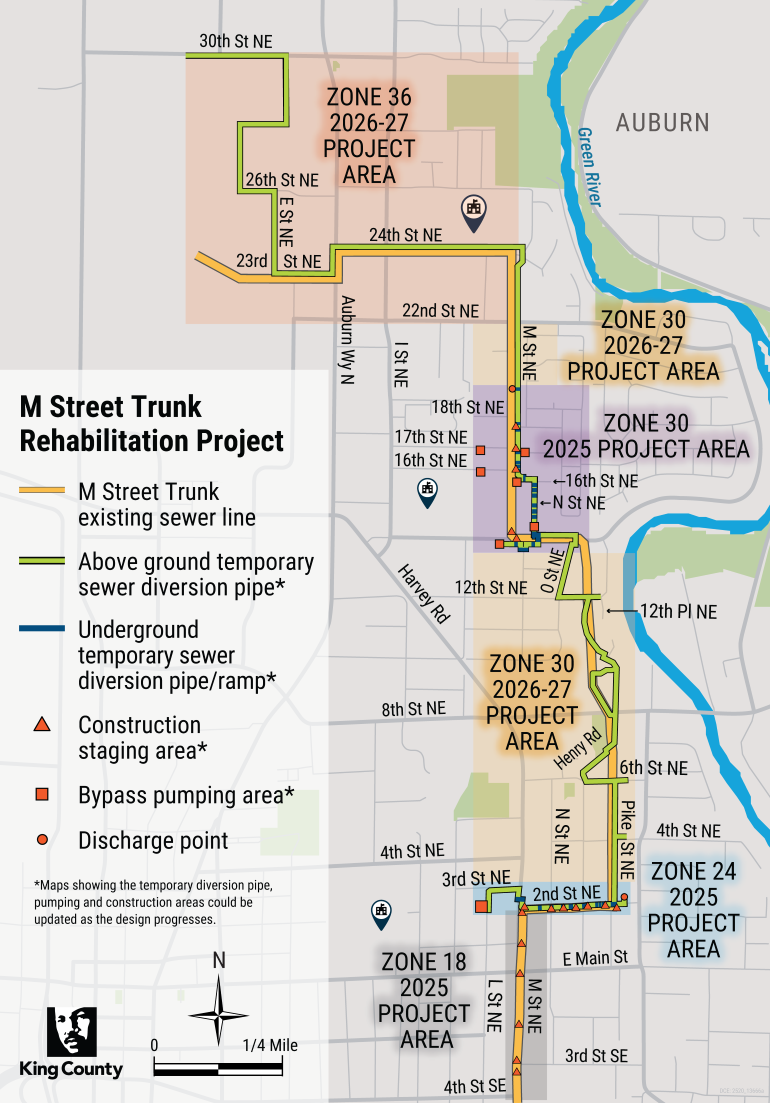 Project area displaying 5 zones (work areas) and timeframe: Zone 36 (2026-2027), Zone 30 (2025), Zone 30 (2026), Zone 24 (2025) and Zone 18 (2025)