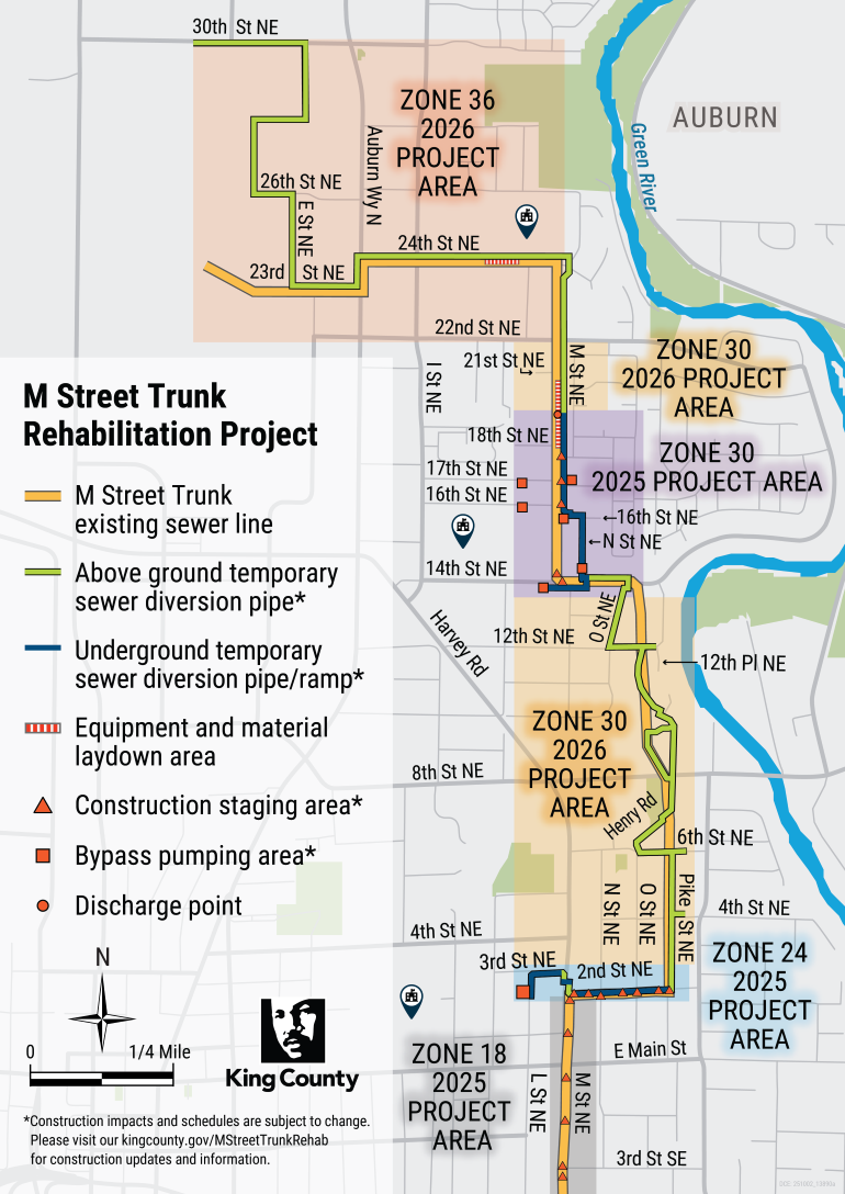 Project area displaying 5 zones (work areas) and timeframe: Zone 36 (2026), Zone 30 (2026), Zone 30 (2025 and 2026), Zone 24 (2025) and Zone 18 (2025)