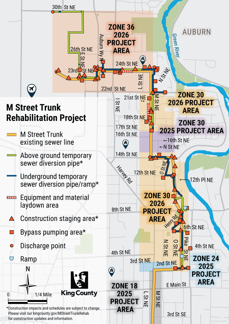 Project area displaying 5 zones (work areas) and timeframe: Zone 36 (2026), Zone 30 (2026), Zone 30 (2025 and 2026), Zone 24 (2025) and Zone 18 (2025)