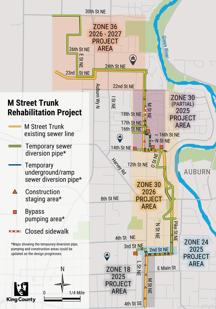 Project area displaying 5 zones (work areas) and timeframe: Zone 36 (2026-2027), Zone 30 (2025), Zone 30 (2026), Zone 24 (2025) and Zone 18 (2025)