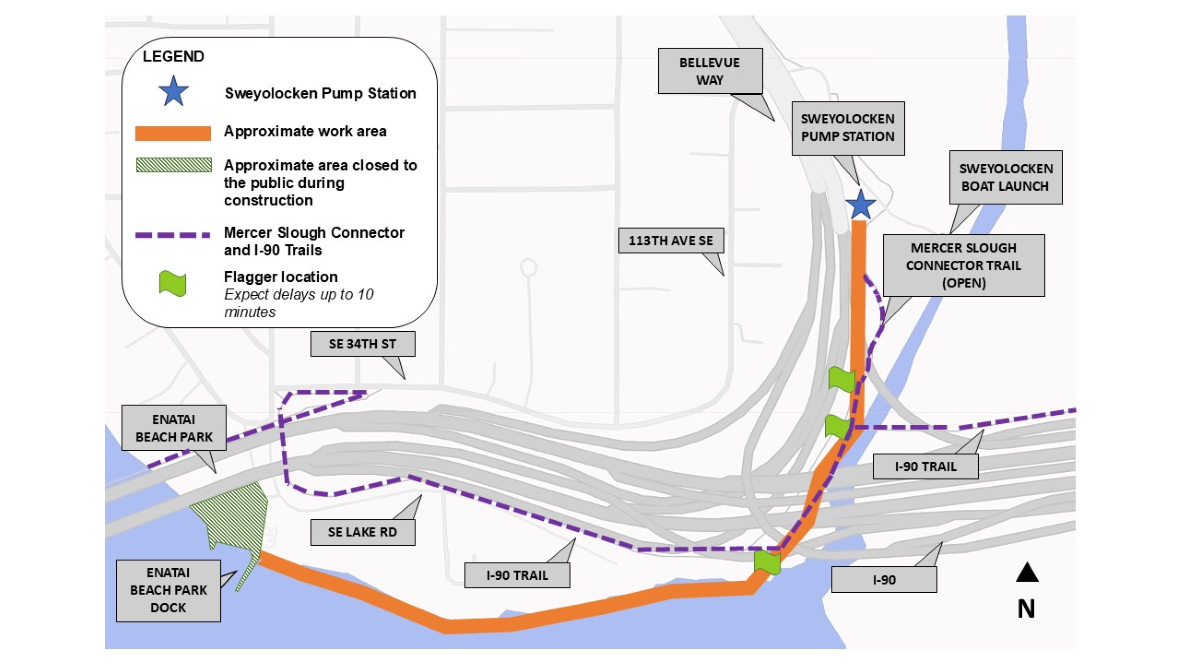 Map of the North Mercer Island bike trail area showing construction work zones, temporary public closures, flagger locations, and open trail connections near I-90, Enatai Beach Park, and Sweyolocken Pump Station.
