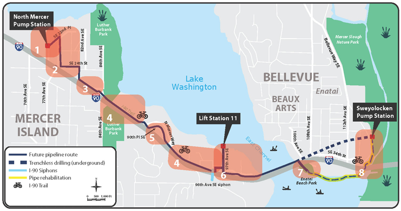 Map of 8 project areas, starting from the North Mercer Island Pump Station extending eastward to Enatai in Bellevue.