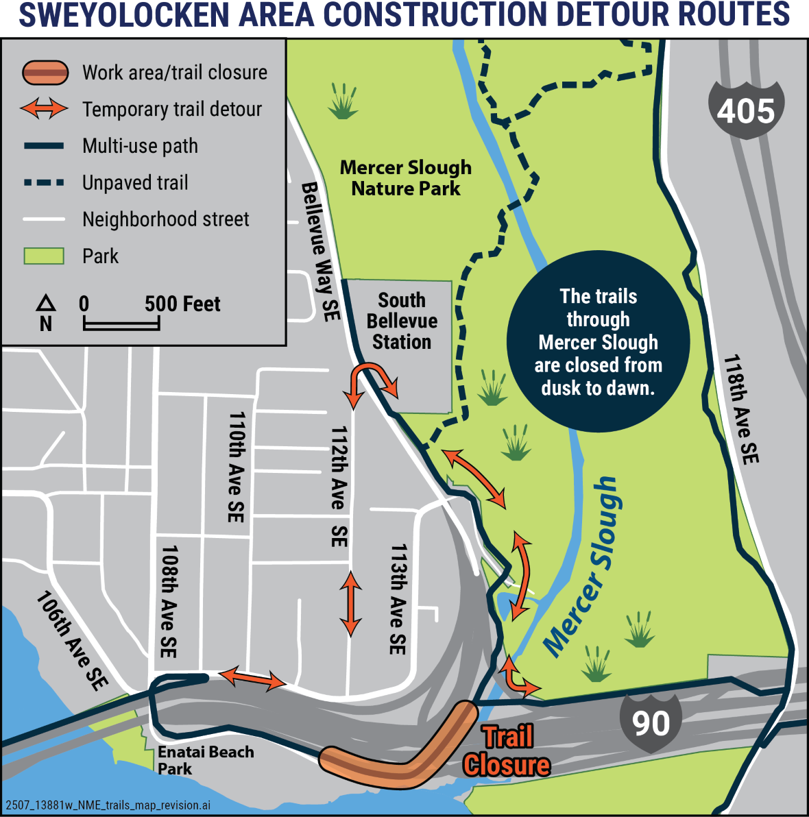 Map showing temporary trail detours and construction closures near Enatai Beach Park and Mercer Slough Nature Park in Bellevue, including alternate routes along neighborhood streets and park trails.