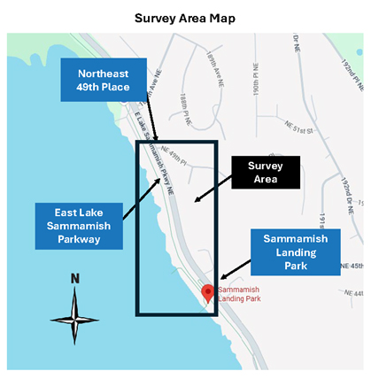 A map shows a section of East Lake Sammamish Parkway bordered by a black box, calling out the survey area. The survey area, Sammamish Landing Park, East Lake Sammamish Parkway, and Northeast 49th Place are labeled on the map.