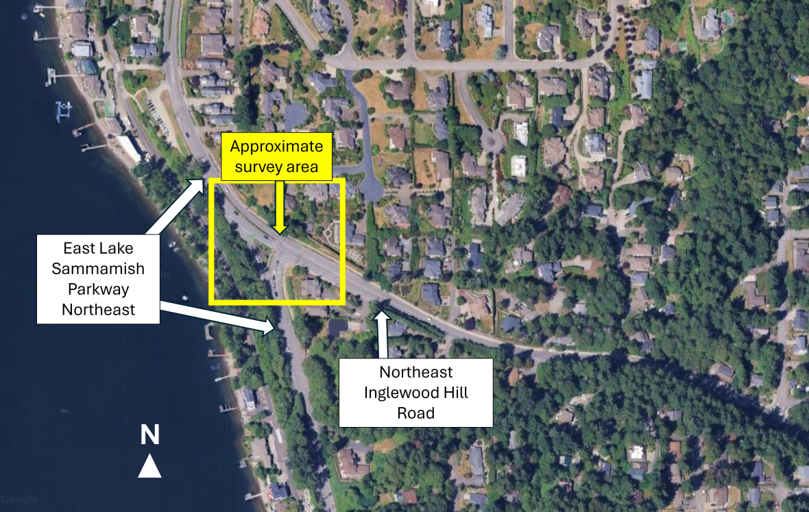 Aerial map showing the approximate survey area near East Lake Sammamish Parkway Northeast and Northeast Inglewood Hill Road.