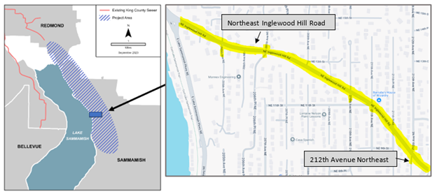 The map on the left below shows the entire project area in blue hatching with a blue inset box that shows the location of the survey work along the ROW. The map on the right shows a zoomed-in view of survey work within the blue inset box.
