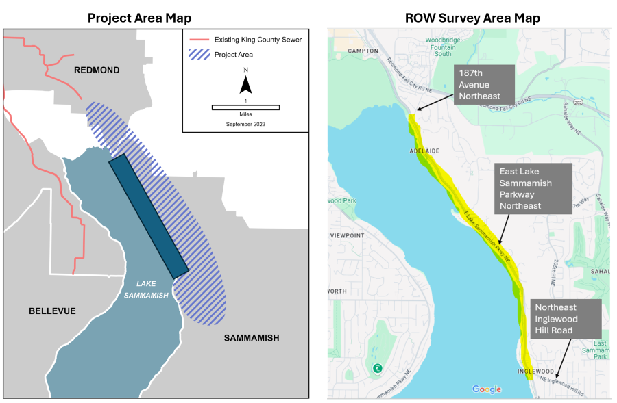 Two maps side by side. The map on the left below shows the entire project area in blue hatching with a blue inset box that shows the location of the survey work along the ROW. The map on the right shows a zoomed-in view of survey work within the blue inset box. This work is along the ROW on Northeast Inglewood Hill Road and the East Lake Sammamish Trail to 187th Avenue Northeast